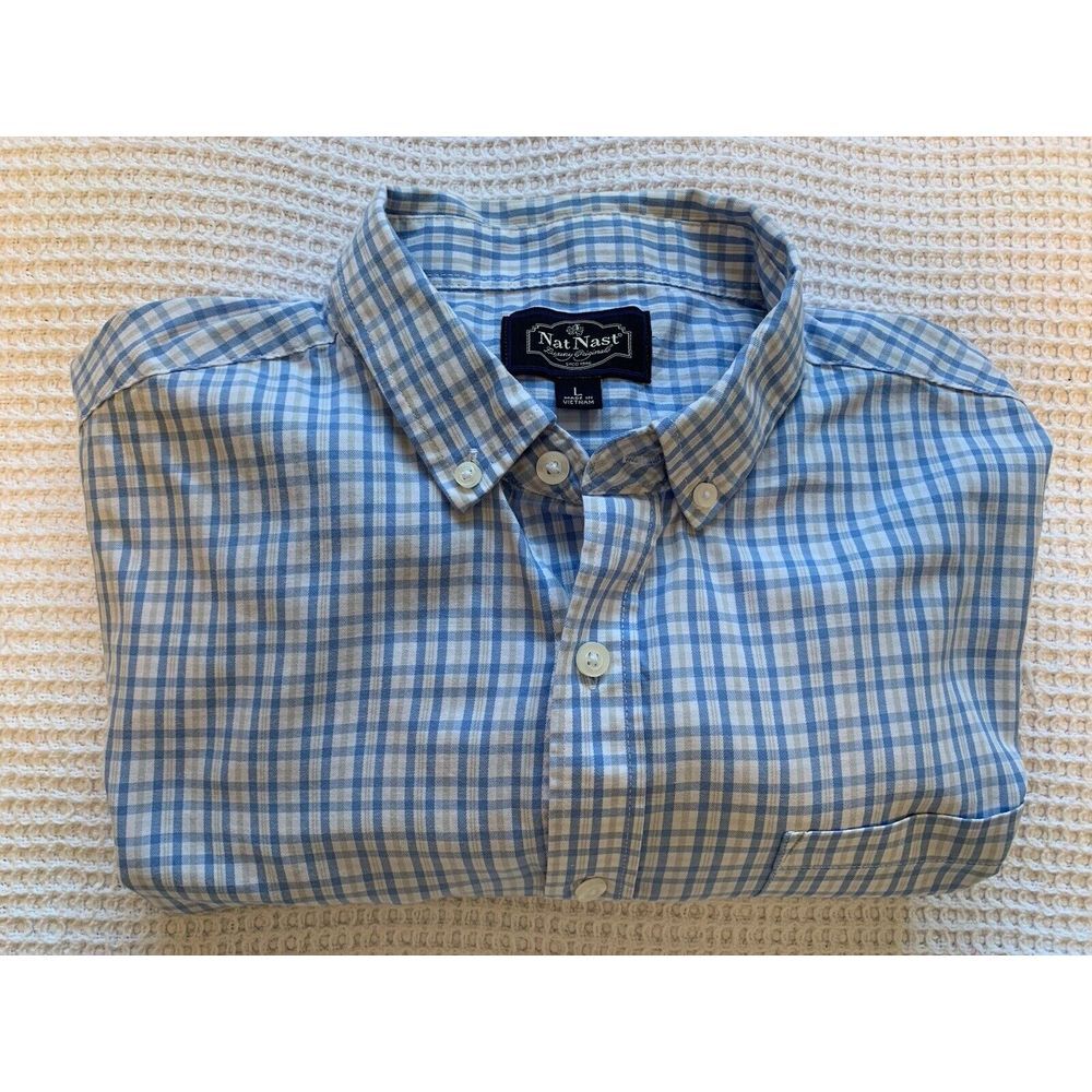 Nat Nast Luxury Button Down Long Sleeve Pocket Shirt Men's L Blue Gray‎ Check
